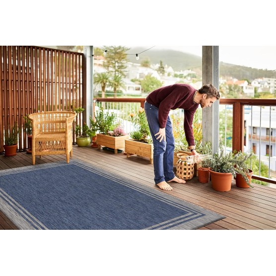 Lena Rug Washable Indoor Outdoor Rug Weather Resistant Indoor Outdoor Carpet for Porch Deck Balcony Backyard Patio Rug 6x9 Bordered Azure Blue/Silver Grey