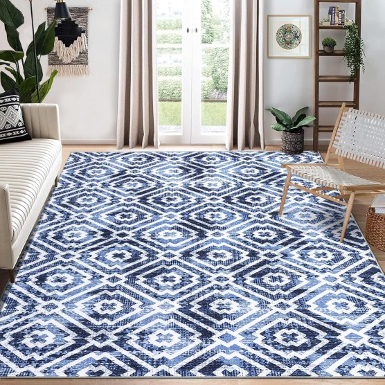 8x10 Area Rug Moroccan Machine Washable Rug Modern Geometric Trellis Area Rug Distressed Stain Resistant Non-Slip Floor Cover Carpet Rug Foldable Accent Rug for Home Decor, Navy