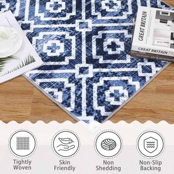 8x10 Area Rug Moroccan Machine Washable Rug Modern Geometric Trellis Area Rug Distressed Stain Resistant Non-Slip Floor Cover Carpet Rug Foldable Accent Rug for Home Decor, Navy