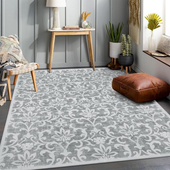 Vintage Floral Washable Area Rugs, 6x9 Grey Large Low Pile Indoor Accent Rugs, Soft Foldable Non Shedding Distressed Outdoor Carpets for Bedroom Living Room Dinning Room Office