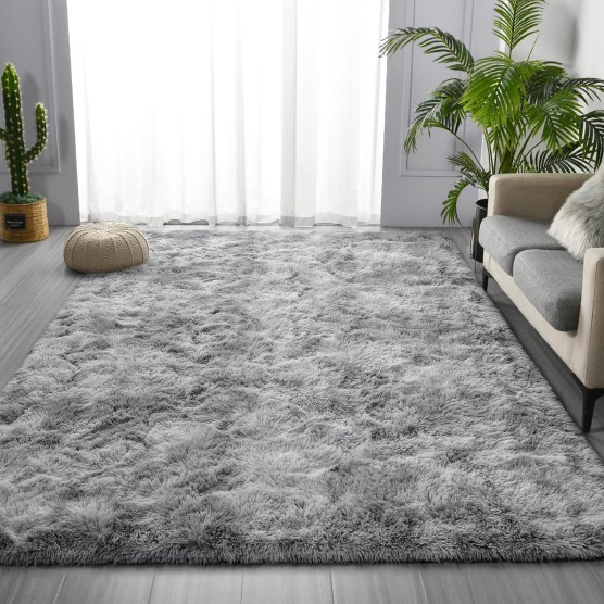 Large Shag Area Rugs 8 x 10, Tie-Dyed Plush Fuzzy Rugs for Living Room, Ultra Soft Fluffy Furry Rugs for Bedroom, Anti-Skid Indoor Carpet Nursery Rugs for Kids Room Home Decor, Light Grey