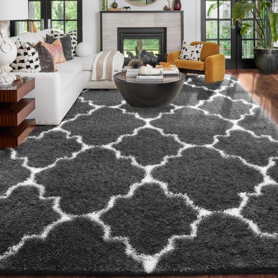 Dark Grey and White Rugs for Living Room, 8x10 Rug, Large Soft Shag Geometric Area Rug for Bedroom, Moroccan Fluffy Plush Furry Rug for Apartment, Floor Farmhouse Big Living Room Rug Carpet