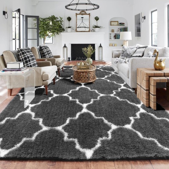 Dark Grey and White Rugs for Living Room, 8x10 Rug, Large Soft Shag Geometric Area Rug for Bedroom, Moroccan Fluffy Plush Furry Rug for Apartment, Floor Farmhouse Big Living Room Rug Carpet