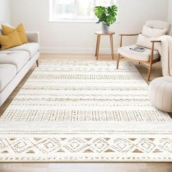 Large Living Room Area Rug 5x7: Soft Machine Washable Boho Moroccan Farmhouse Rugs for Bedroom Under Dining Table - Non-Slip Neutral Morden Indoor Floor Carpet for Home Office - Brown/Cream