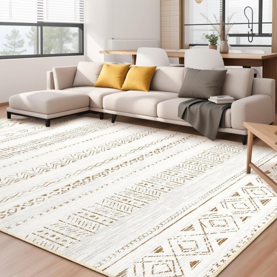 Large Living Room Area Rug 5x7: Soft Machine Washable Boho Moroccan Farmhouse Rugs for Bedroom Under Dining Table - Non-Slip Neutral Morden Indoor Floor Carpet for Home Office - Brown/Cream