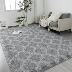 8×10 Large Shag Area Rugs for Bedroom, Light Grey Living Room Rug Super Soft Plush Fluffy Carpets, Moroccan Geometric Rug for Home Decor, Non-Slip Indoor Floor Rug for Dorm Nursery