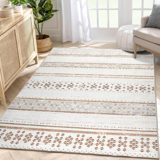 6x9 Area Rug Washable 6x9 Rug Area Rugs Moroccan Farmhouse Neutral Geometric 6x9 Rug for Living Room Bedroom Low Pile Water Repellent Non-Slip Ultra Soft Faux Wool Cream/Brown