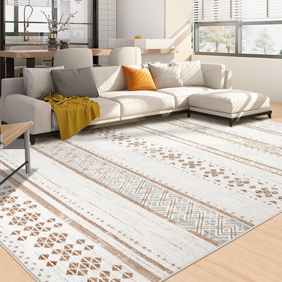 6x9 Area Rug Washable 6x9 Rug Area Rugs Moroccan Farmhouse Neutral Geometric 6x9 Rug for Living Room Bedroom Low Pile Water Repellent Non-Slip Ultra Soft Faux Wool Cream/Brown