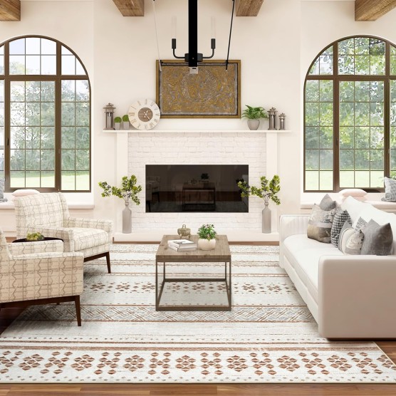 6x9 Area Rug Washable 6x9 Rug Area Rugs Moroccan Farmhouse Neutral Geometric 6x9 Rug for Living Room Bedroom Low Pile Water Repellent Non-Slip Ultra Soft Faux Wool Cream/Brown