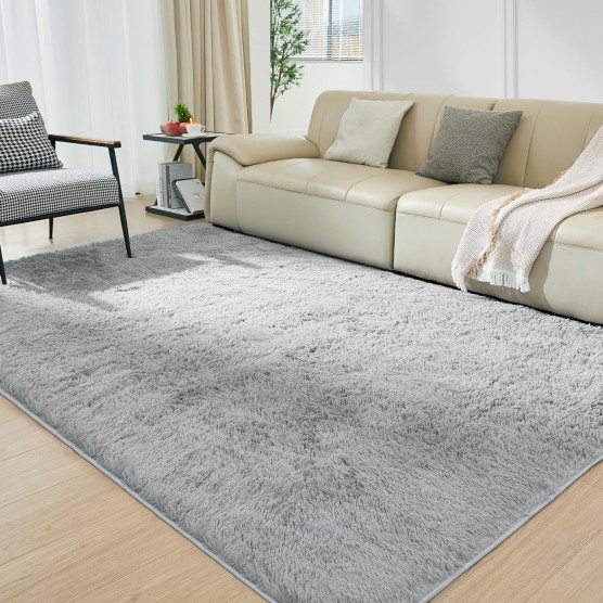 Luxury 8x10 Rugs for Living Room, Extra Large Shag Area Rug, Fluffy Furry Rug for Living Room, Modern Shag Throw Carpet for Kids Room Decor, Indoor Plush Rug for Dorm Classroom, Light Grey