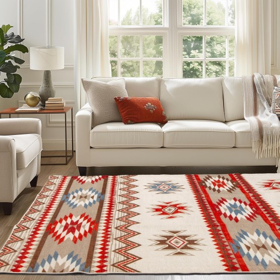 5X7 Non-Slip Washable Rug - Performance High Traffic Rug - Southwestern Tribal Boho Chic 5X7 Rugs for Living Room - Low Pile Ivory/Red, 5' x 7'