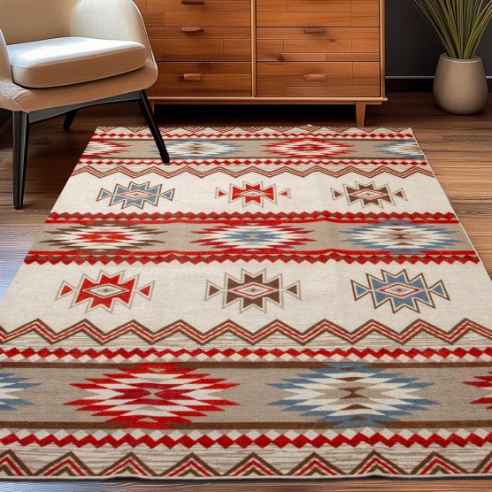 5X7 Non-Slip Washable Rug - Performance High Traffic Rug - Southwestern Tribal Boho Chic 5X7 Rugs for Living Room - Low Pile Ivory/Red, 5' x 7'