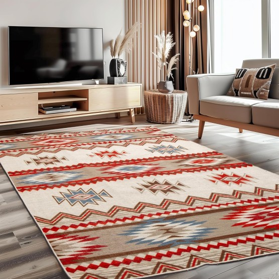 5X7 Non-Slip Washable Rug - Performance High Traffic Rug - Southwestern Tribal Boho Chic 5X7 Rugs for Living Room - Low Pile Ivory/Red, 5' x 7'