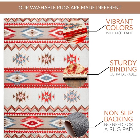 5X7 Non-Slip Washable Rug - Performance High Traffic Rug - Southwestern Tribal Boho Chic 5X7 Rugs for Living Room - Low Pile Ivory/Red, 5' x 7'