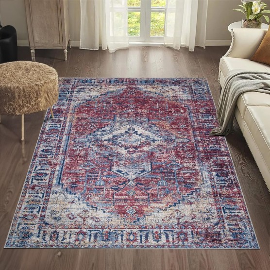 3X5 Machine Washable Rug Traditional Vintage Small Rug for Entryway - Red, 3' x 5'