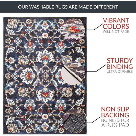 2X3 Non-Slip Washable Blue Rug - Performance High Traffic Rug - Cottagecore Bohemian Small Rug for Doorway - Navy, 2' x 3'