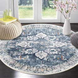 8ft Round Rugs Washable Round Rug Non-Slip No Pile Round Rugs 8ft Boho Round Rugs for Living Room 8ft Vintage Round Rug Carpet for Bedroom Kitchen, Blue