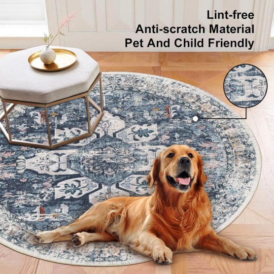 8ft Round Rugs Washable Round Rug Non-Slip No Pile Round Rugs 8ft Boho Round Rugs for Living Room 8ft Vintage Round Rug Carpet for Bedroom Kitchen, Blue