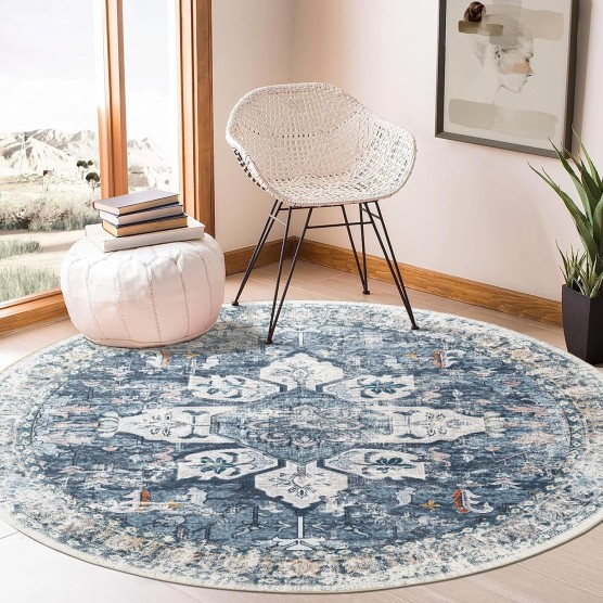 8ft Round Rugs Washable Round Rug Non-Slip No Pile Round Rugs 8ft Boho Round Rugs for Living Room 8ft Vintage Round Rug Carpet for Bedroom Kitchen, Blue