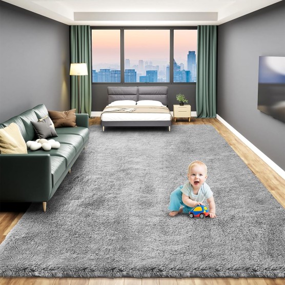 Large 8x10 Area Rugs for Living Room, Luxury Fluffy Shag Fuzzy Plush Soft Modern Area Rugs, Big Indoor Thick Soft Nursery Rug, Anti-Skid Fluffy Indoor Carpet for Kids Room Home Decor, Light Grey