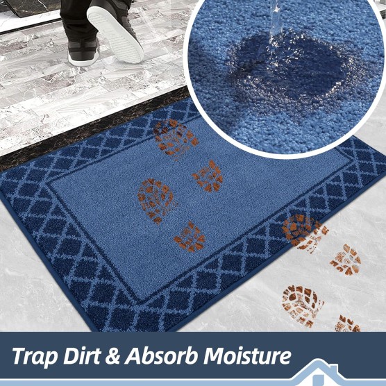 Door-Mat Dirt Trapper Entryway Rug Absorbent Low-Profile Non-Slip Welcome Mat Washable Front Door Mat for Small Area Rug, Muddy Paws, Hallway, Entrance,32"x48",Navy Blue